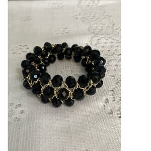 VTG Faceted Black Glass Bead & Gold Link Stretch Wide Bracelet